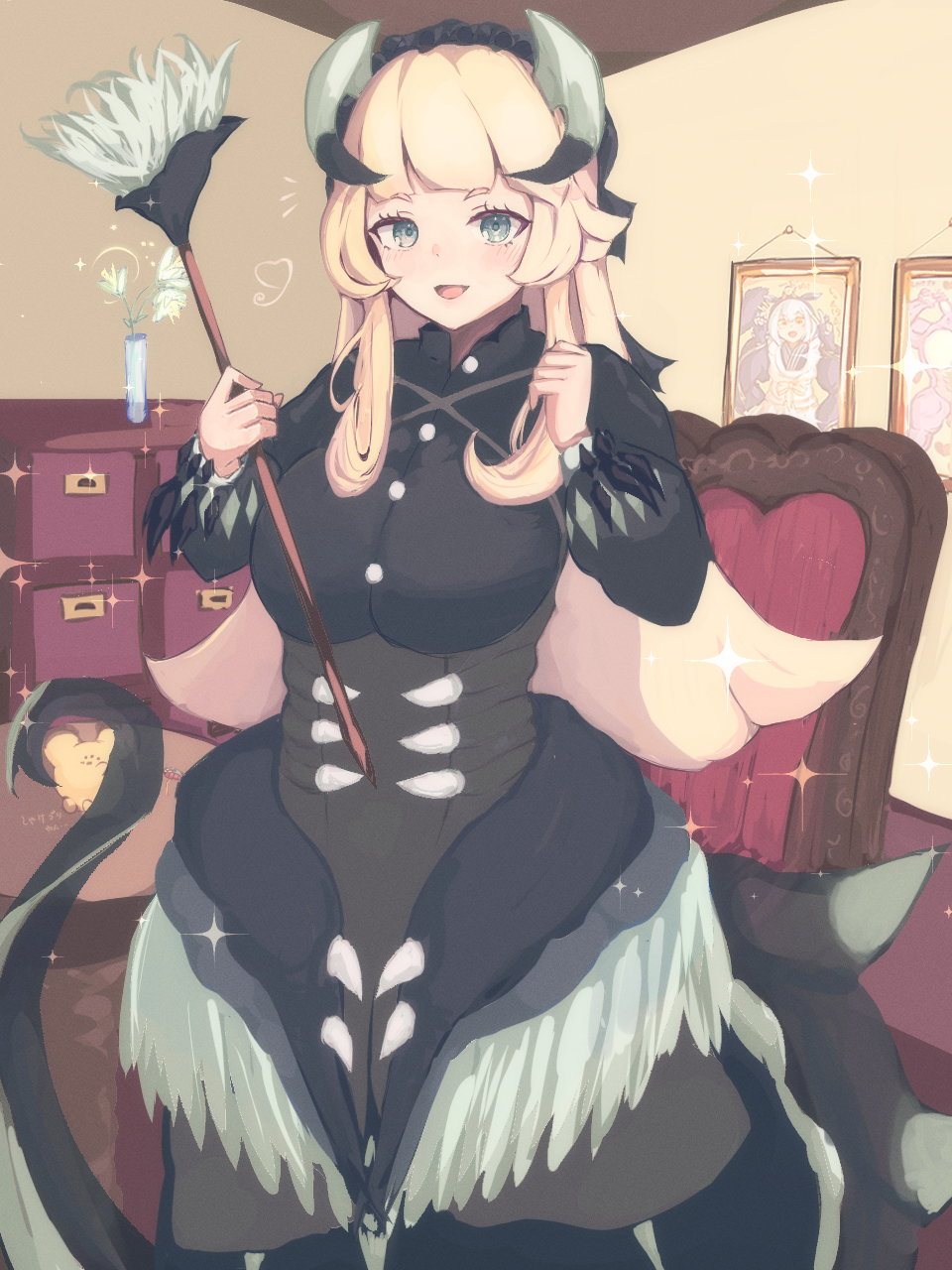 1girl apron blonde_hair blush breasts chamber_dragonmaid dragon_girl dragon_horns dragon_tail dragon_wings duel_monster duster feathered_wings feathers green_eyes highres holding holding_duster horns large_breasts laundry_dragonmaid long_hair long_sleeves looking_at_viewer maid maid_apron maid_headdress notice_lines open_mouth picture_frame shakepuri_purin smile solo tail wings yu-gi-oh!