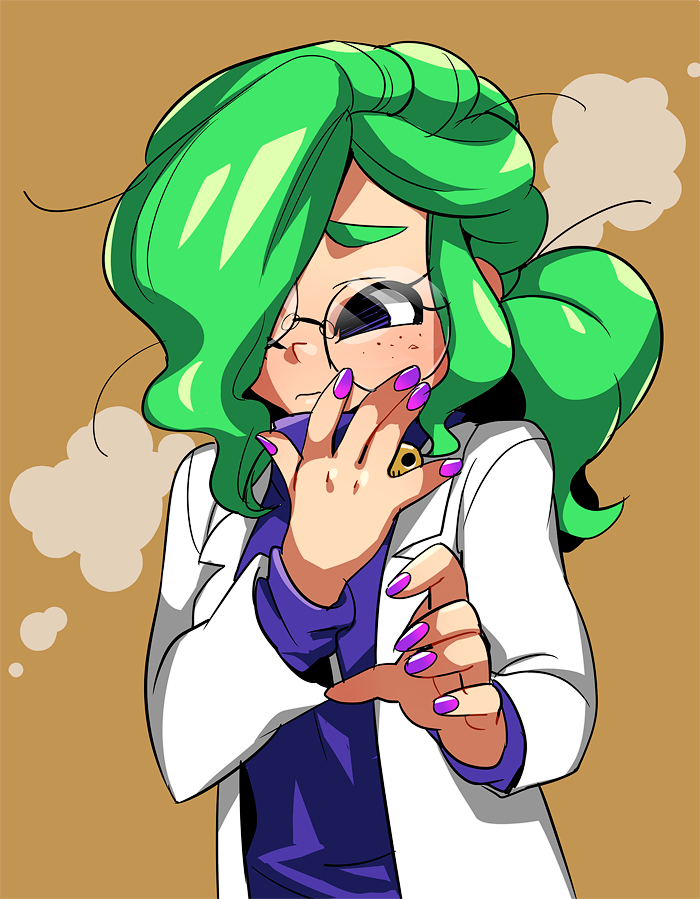 1girl 2018 arms_(game) blue_eyes brown_background dr._coyle freckles green_hair hair_over_one_eye hands_up lab_coat nail_polish nekobayashi_(nekoforest) nintendo ponytail purple_nails solo upper_body aged_down