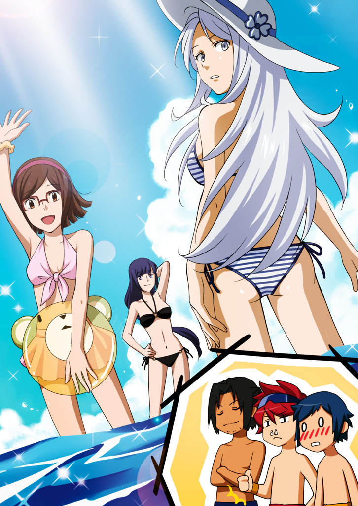 10s 3boys 3girls aila_jyrkiainen bikini black_hair blue_eyes blush brown_hair facial_hair glasses gundam gundam_build_fighters hairband hat iori_sei kousaka_china long_hair mihoshi_(gundam_bf) multiple_boys multiple_girls purple_hair red_hair rei_(usabiba) reiji_(gundam_bf) ricardo_fellini short_hair silver_hair stubble sun_hat swimsuit thumbs_up water