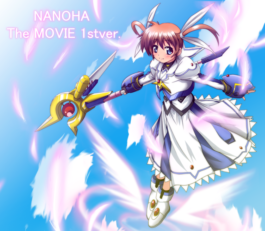 10s 1girl armor armored_dress blue_eyes blush cloud dress female_focus fingerless_gloves full_body gloves hair_ribbon holding jacket juliet_sleeves long_sleeves lyrical_nanoha magical_girl mahou_shoujo_lyrical_nanoha mahou_shoujo_lyrical_nanoha_the_movie_1st puffy_sleeves raising_heart raising_heart_(device_mode)_(1st) red_hair ribbon shoes short_hair sky smile solo staff takamachi_nanoha takamachi_nanoha_(movie_1st_mode) to-gnaniwa twintails weapon white_dress