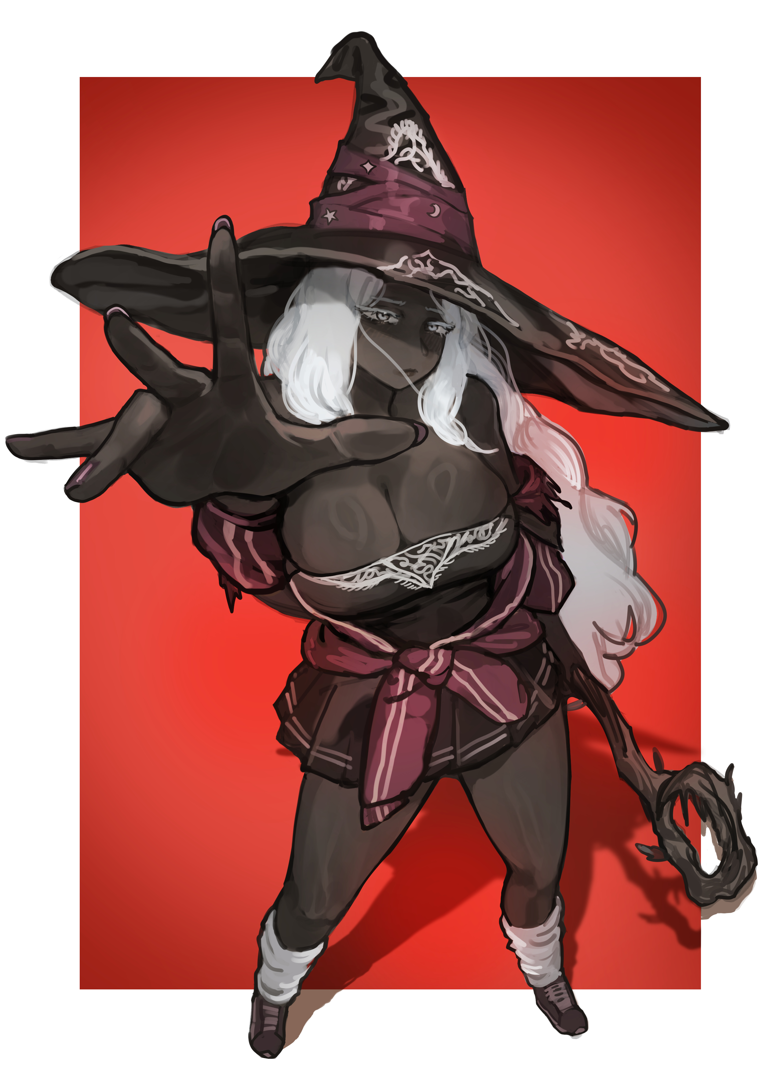 1girl absurdres bare_shoulders breasts cleavage dark-skinned_female dark_skin elden_ring elden_ring_nightreign hat hat_over_eyes highres holding large_hat long_hair miao_jiangyou recluse_(elden_ring) simple_background solo very_dark_skin white_hair witch witch_hat wooden_staff