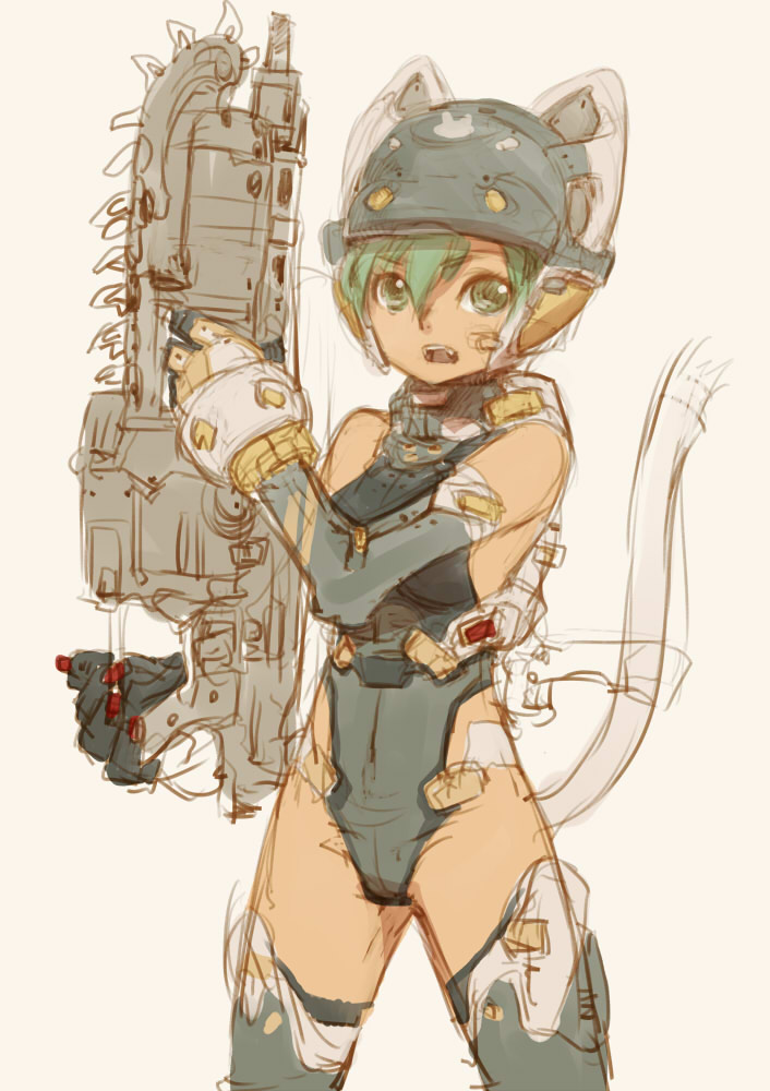 10s 1girl bad_id bad_pixiv_id branch_(blackrabbits) busou_shinki female_focus gears_of_war gloves green_eyes green_hair gun helmet lancer_(gears_of_war) maochao matching_hair/eyes solo tail thighhighs weapon