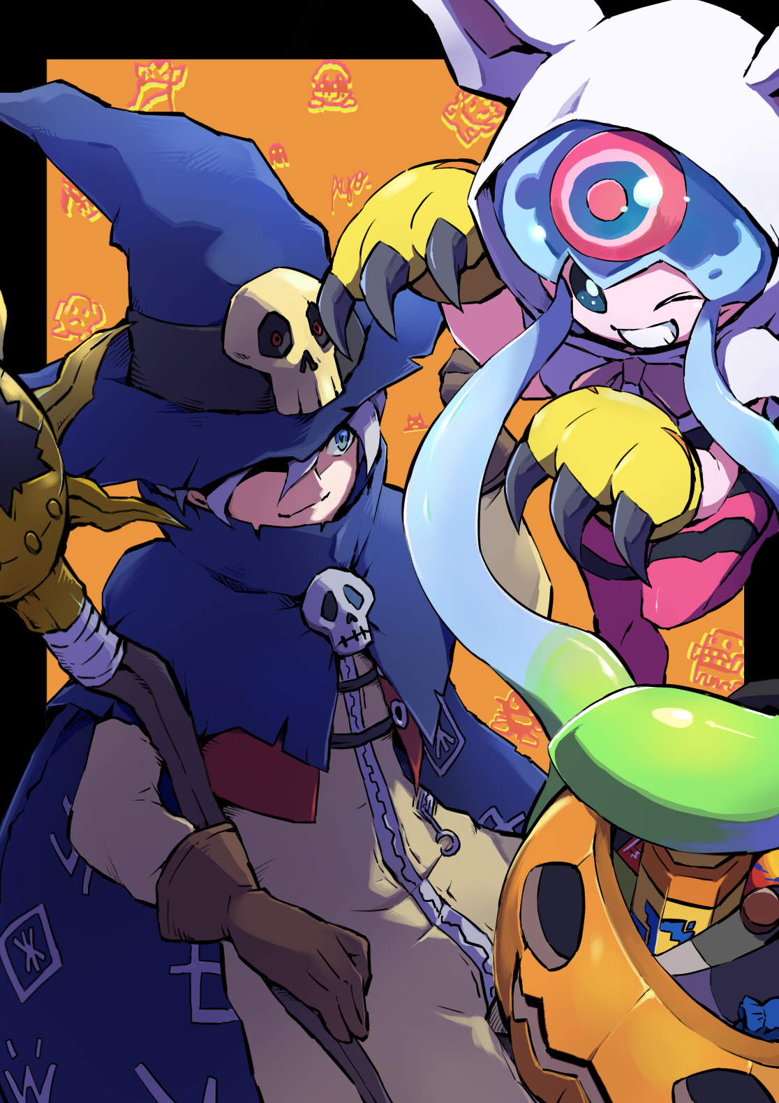 ayo_(ayosanri009) blue_cape blue_hat cape cosplay cowboy_shot digimon digimon_(creature) digimon_adventure digimon_ghost_game grey_hair halloween hat higashimitarai_kiyoshiro highres holding holding_staff jellymon one_eye_closed orange_background simple_background staff tailmon tailmon_(cosplay) wizard_hat wizarmon wizarmon_(cosplay)