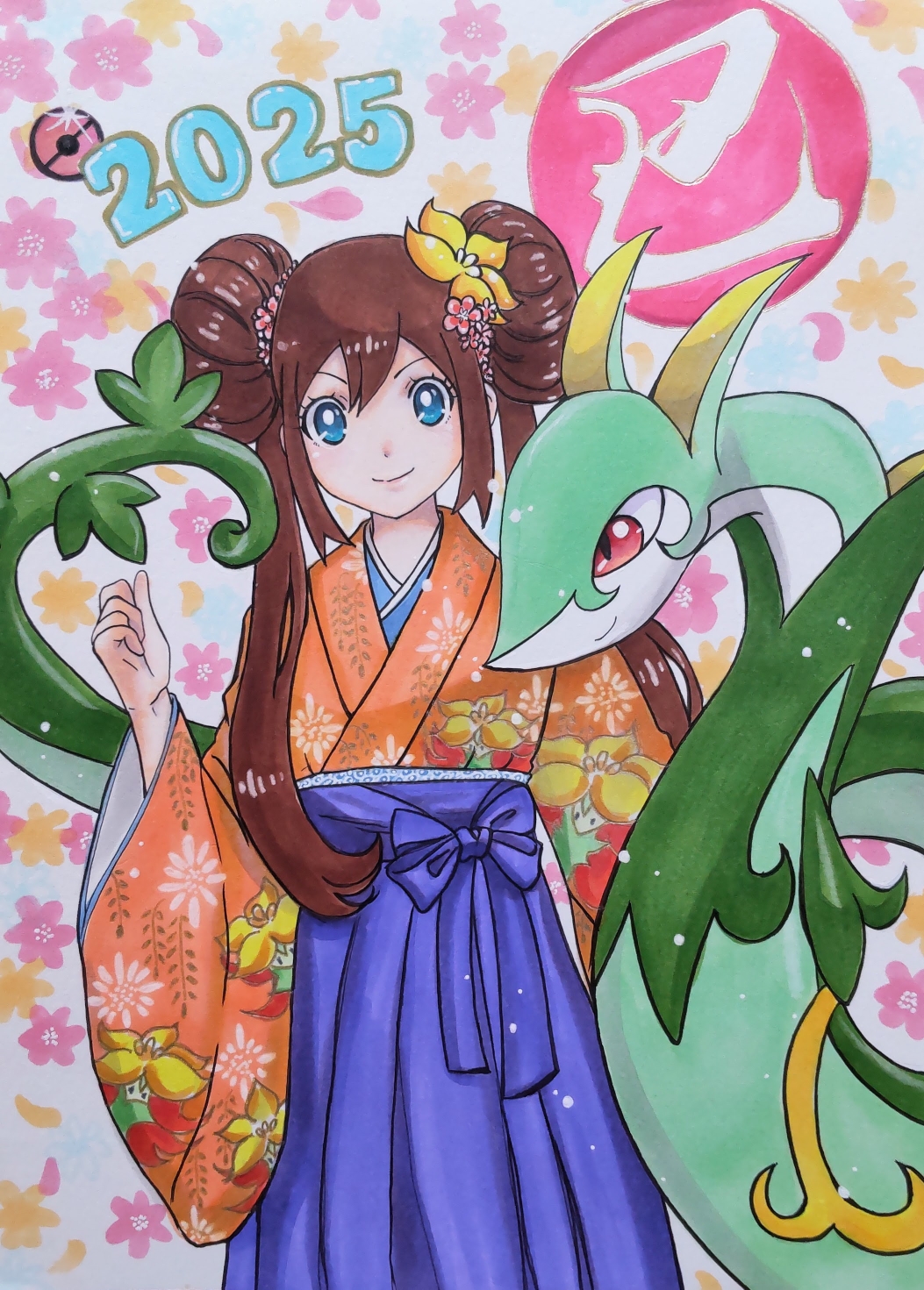 1girl 2025 alternate_costume blue_eyes blue_hakama bright_pupils brown_hair character_print closed_mouth commentary_request double_bun eldegoss eyelashes flower_symbol gen_5_pokemon gen_8_pokemon hair_bun hakama hakama_skirt highres japanese_clothes kimono long_hair looking_at_viewer nintendo orange_kimono poke_ball_symbol pokemon pokemon_(creature) pokemon_bw2 print_kimono rosa_(pokemon) serperior skirt smile traditional_media twintails white_pupils wide_sleeves zao_(beans-alliance)