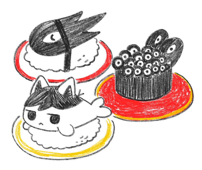 :&lt; animal_ears animalization black_eyes black_hair cat_ears closed_mouth fish fish_(food) food little_one_(omori) no_humans omori omori_(omori) rice roe sashimi simple_background something_(omori) sun_iiinu white_background
