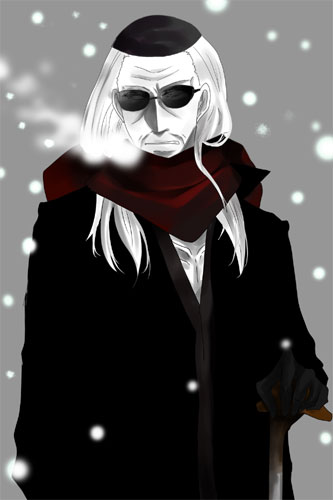 1boy akagi akagi:_yami_ni_oritatta_tensai bad_id bad_pixiv_id blind cane fukumoto_mahjong hat ichikawa_(akagi) imo_(pixiv) lowres male_focus outdoors partially_colored scarf snow solo sunglasses white_hair