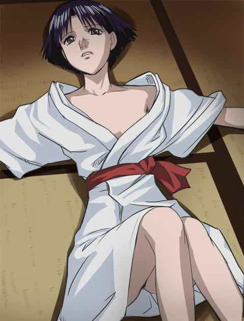 1girl blue_hair haruyama_kazunori legs looking_at_viewer lying on_back short_hair solo tatsumiya_yukiko teito_monogatari very_short_hair