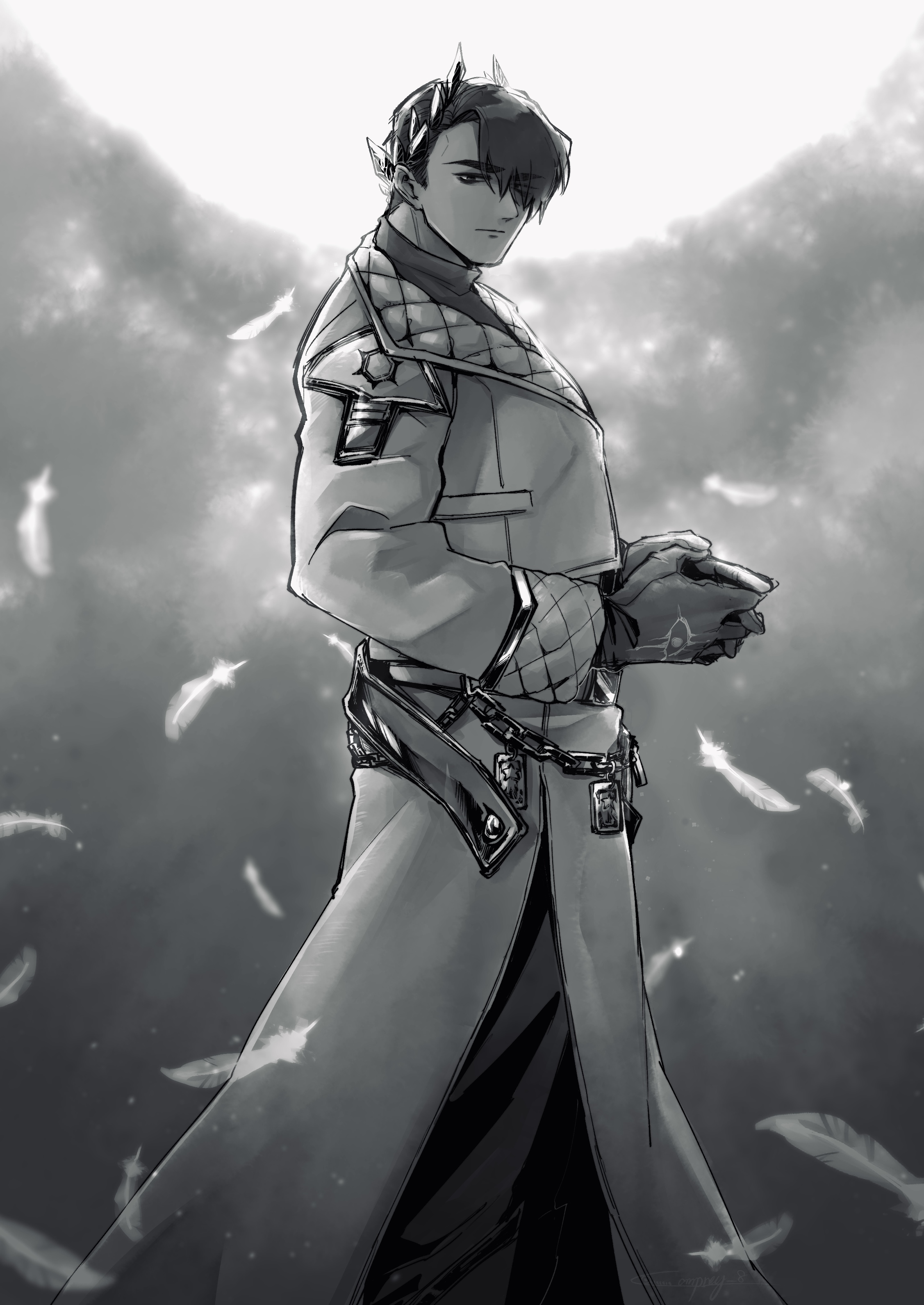 1boy absurdres belt chain coat e.g.o_(project_moon) falling_feathers feathers gold_trim greyscale highres lapels laurel_crown limbus_company looking_at_viewer meursault_(project_moon) monochrome own_hands_together pants project_moon pursuance_(e.g.o) solo yatsumeunagi