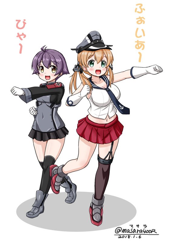 2girls ahoge anchor_hair_ornament artist_name black_legwear black_skirt blonde_hair clenched_hand cosplay costume_switch cross dated full_body gloves green_eyes hair_ornament hat iron_cross kantai_collection low_twintails masara_(chuujou) microskirt military military_hat military_uniform multiple_girls open_mouth peaked_cap pleated_skirt prinz_eugen_(kancolle) prinz_eugen_(kancolle)_(cosplay) punching purple_eyes purple_hair red_skirt sakawa_(kancolle) sakawa_(kancolle)_(cosplay) school_uniform serafuku short_hair simple_background single_thighhigh skirt standing thighhighs twintails twitter_username white_background white_gloves