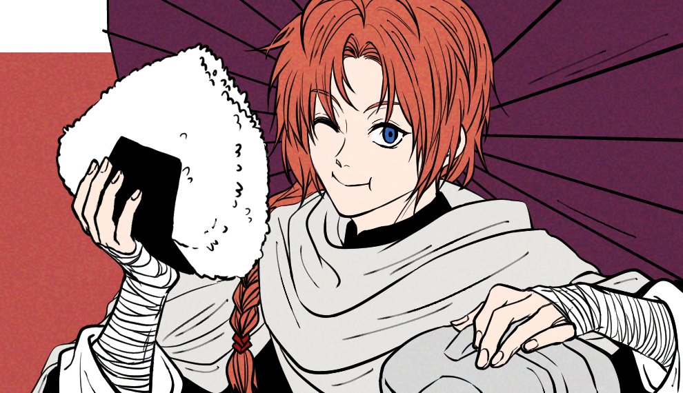 1boy bandaged_arm bandages blue_eyes braid closed_mouth food gintama holding holding_food holding_umbrella kamui_(gintama) long_hair looking_at_viewer male_focus oil-paper_umbrella one_eye_closed onigiri orange_hair pike_121 red_background robe single_braid smile solo umbrella upper_body white_robe