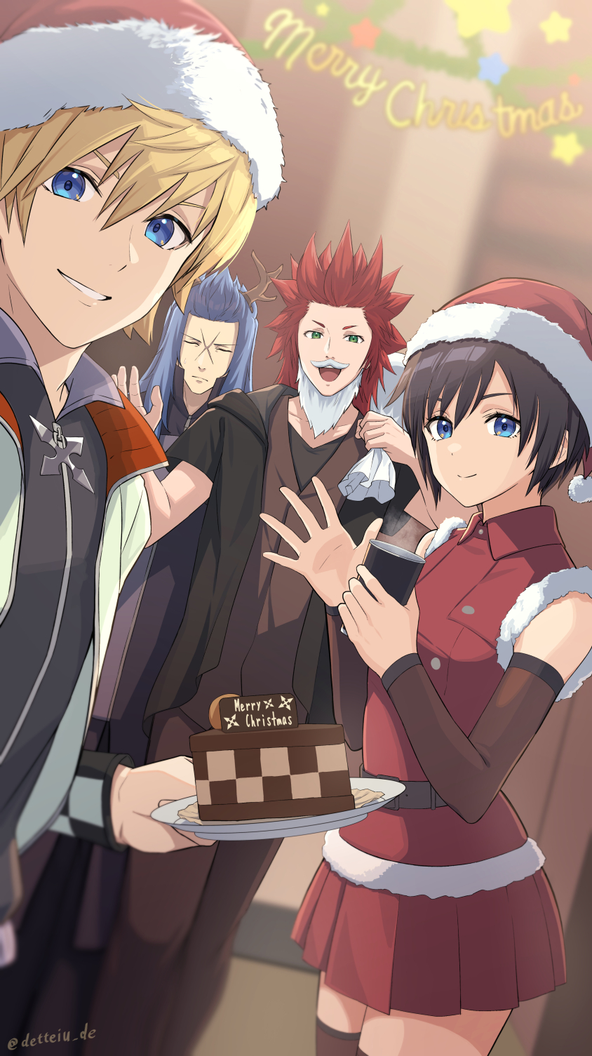 1girl 3boys alternate_costume black_hair blonde_hair blue_eyes blue_hair christmas closed_eyes commentary cross_scar dress english_commentary fake_beard fake_facial_hair fake_mustache fur-trimmed_headwear fur_trim gogo_(detteiu_de) green_eyes hat highres holding holding_sack isa_(kingdom_hearts) kingdom_hearts kingdom_hearts_iii lea_(kingdom_hearts) long_hair looking_at_viewer multiple_boys official_alternate_costume red_dress red_hair red_hat roxas sack santa_hat scar scar_on_face sleeveless sleeveless_dress smile xion_(kingdom_hearts)