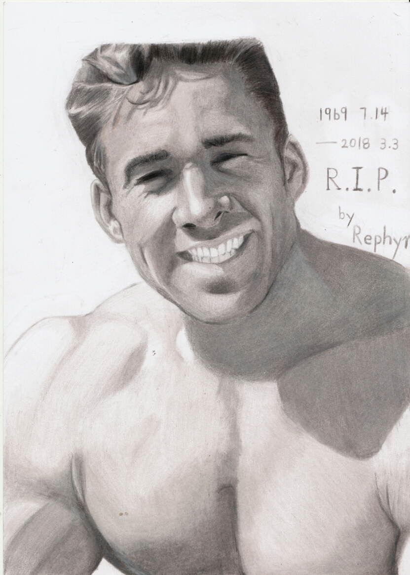 1boy artist_name billy_herrington collarbone commentary crambon english_commentary gachimuchi greyscale grin large_pectorals male_focus monochrome muscular muscular_male no_shirt parted_lips pectorals rest_in_peace_(phrase) short_hair simple_background smile solo squinting white_background