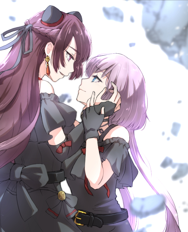 2girls assault_lily back_bow bare_shoulders belt belt_buckle black_belt black_bow black_choker black_dress black_gloves black_ribbon blue_eyes blurry blurry_background blurry_foreground bow braid buckle choker closed_mouth commentary_request debris detached_sleeves dress dress_bow earrings eye_contact face-to-face fingerless_gloves floating_rock french_braid frilled_sleeves frills from_side gloves gozen_(assault_lily) hair_between_eyes hair_ribbon hairpods half_updo hand_on_another&#039;s_arm hand_on_another&#039;s_cheek hand_on_another&#039;s_face hand_up height_difference jewelry long_hair long_sleeves looking_at_another looking_down looking_up low_twintails multiple_girls neck_ribbon numanuma off-shoulder_dress off_shoulder parted_lips pink_hair profile red_bow red_choker red_eyes ribbon short_sleeves sleeve_bow smile standing toda_eulalia_kotohi twintails upper_body very_long_hair white_background yuri