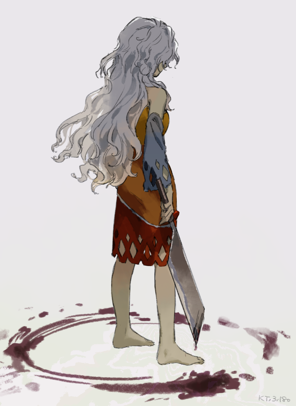 1girl bare_shoulders barefoot blood bloody_weapon blue_sleeves cleaver commentary_request curly_hair detached_sleeves dress from_behind full_body gradient_background grey_hair highres holding holding_weapon kaigen_1025 long_hair long_sleeves multicolored_dress partial_commentary sakata_nemuno solo standing touhou twitter_username very_long_hair weapon