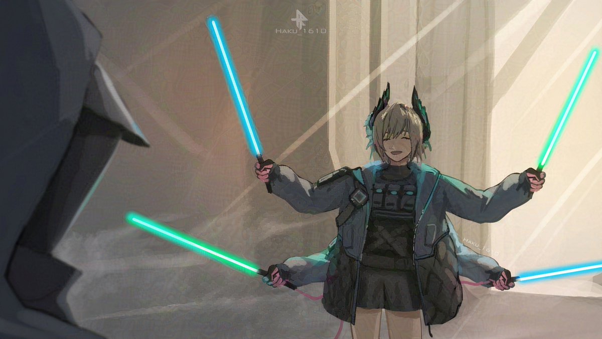 1boy 1girl arknights backlighting blonde_hair blue_lightsaber closed_eyes doctor_(arknights) energy_sword extra_arms general_grievous green_lightsaber holding holding_sword holding_weapon hood horns indoors lightsaber raidian_(arknights) rh_1610 signature skirt smile star_wars star_wars:_revenge_of_the_sith sword weapon