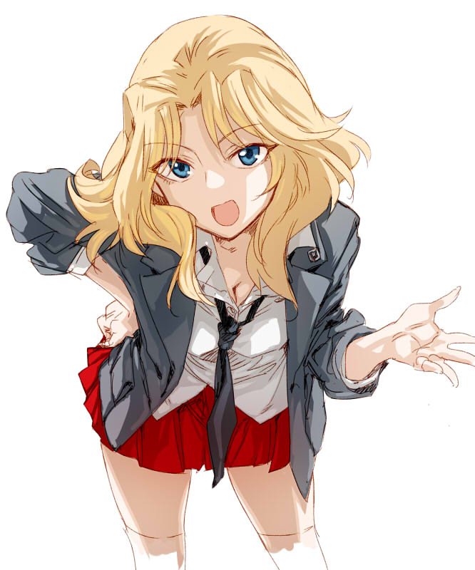 1girl bent_over black_necktie blonde_hair blue_eyes breasts cleavage collared_shirt commentary_request cropped_legs girls_und_panzer grey_jacket hand_on_own_hip ikuhana_niiro jacket kay_(girls_und_panzer) leaning_forward long_hair long_sleeves looking_at_viewer medium_breasts miniskirt necktie open_clothes open_jacket parted_bangs parted_lips pleated_skirt red_skirt saunders_school_uniform school_uniform shirt simple_background skirt sleeves_rolled_up smile solo thighhighs untucked_shirt white_background white_shirt