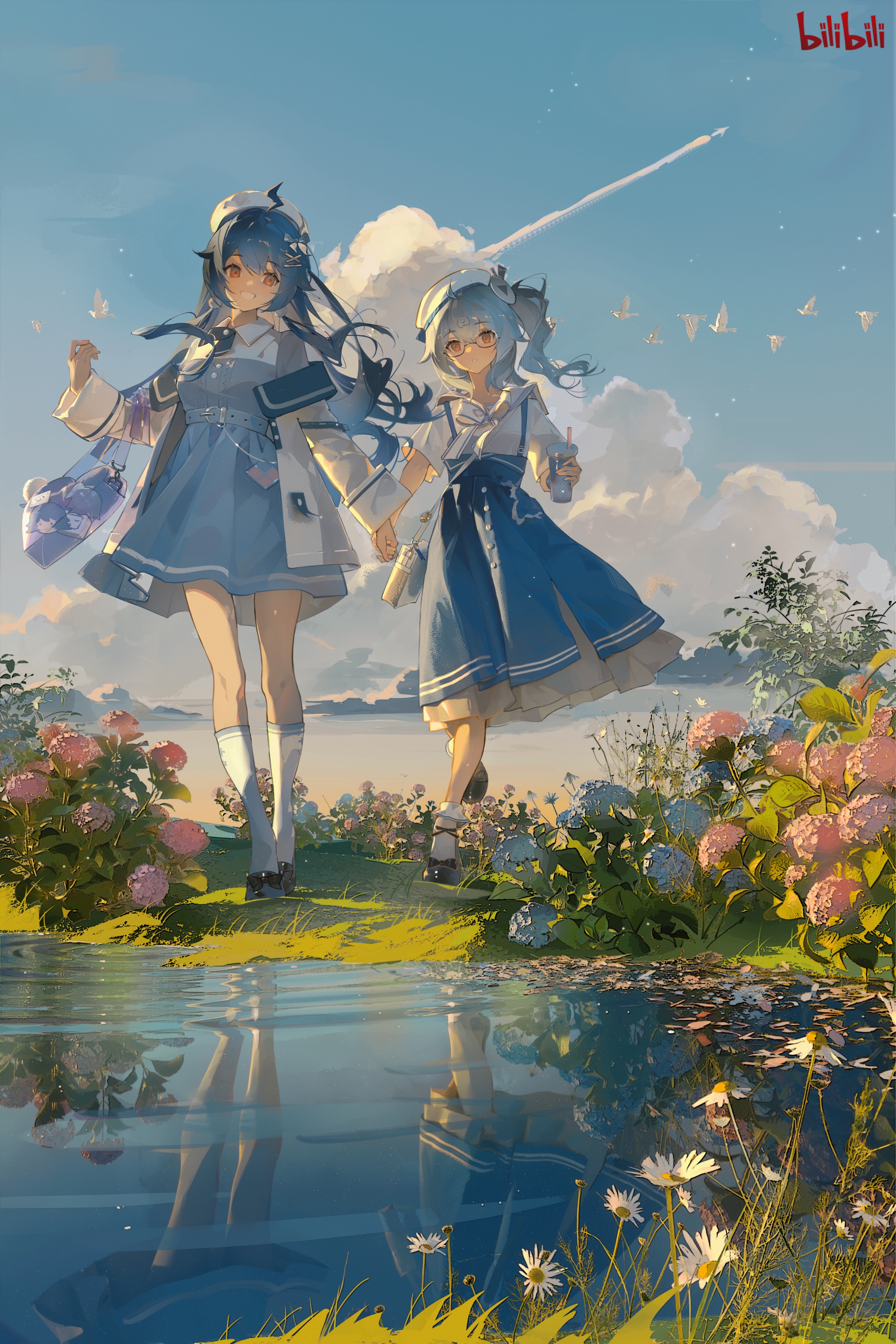 22_(sailing_era) 2girls 33_(sailing_era) absurdres ahoge bag belt bili_girl_22 bili_girl_33 bilibili bilibili_logo bird black_footwear blue_dress blue_flower blue_hair blue_skirt blue_sky bow cloud daisy_(flower) day dress drink flower glasses grin hat highres holding holding_drink holding_hands hydrangea jacket long_hair long_skirt long_sleeves multiple_girls off_shoulder open_clothes open_jacket outdoors pink_flower puddle red_eyes reflection reflective_water sailing_era sailor_collar sailor_hat shirt short_dress short_sleeves shoulder_bag side_ponytail skirt sky smile socks standing suspender_skirt suspenders toto_(caaaaarrot) walking white_bird white_bow white_flower white_hat white_jacket white_shirt white_socks