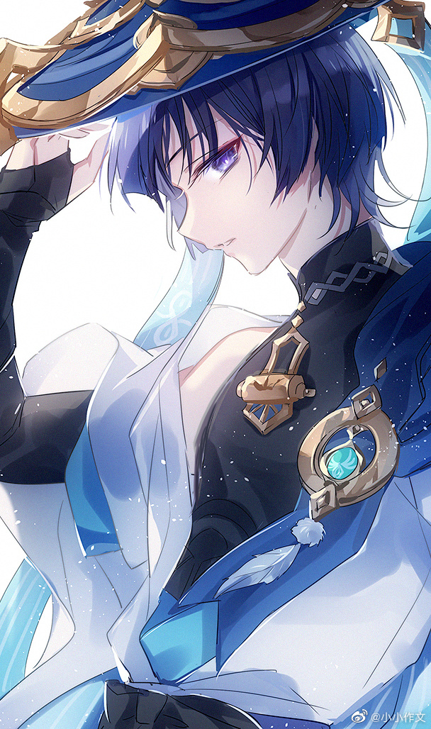1boy black_bridal_gauntlets black_shirt blue_hat blunt_ends bridal_gauntlets chinese_commentary from_side genshin_impact hand_up hat japanese_clothes jewelry jingasa kimono light_particles looking_at_viewer male_focus mandarin_collar pendant plume profile purple_eyes purple_hair scaramouche_(genshin_impact) shirt short_hair short_sleeves shoulder_peek sideways_glance simple_background single_bare_shoulder sleeveless sleeveless_shirt solo upper_body vision_(genshin_impact) wanderer_(genshin_impact) white_background white_kimono xiao_xiao_zuowen