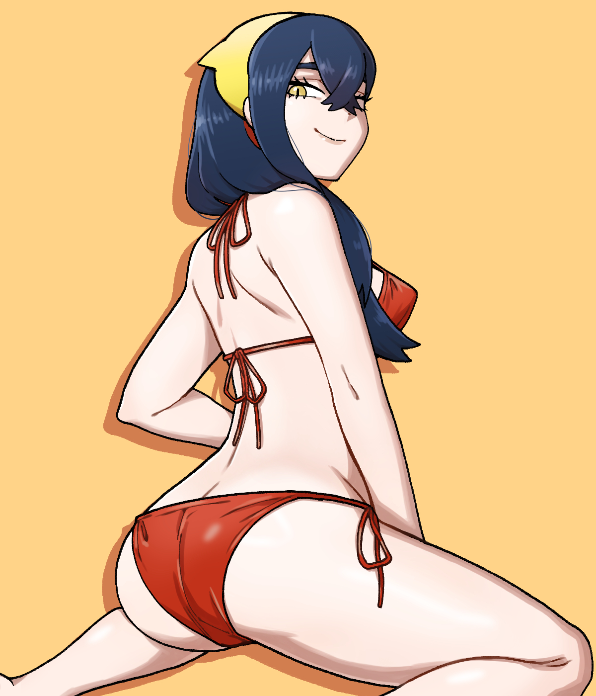 1girl alternate_costume ass bikini black_hair butt_crack carmine_(pokemon) closed_mouth commentary_request crossed_bangs eyelashes hair_between_eyes hairband highres long_hair looking_back nintendo nutkingcall pokemon pokemon_sv shoulder_blades side-tie_bikini_bottom smile solo swimsuit yellow_background yellow_eyes yellow_hairband