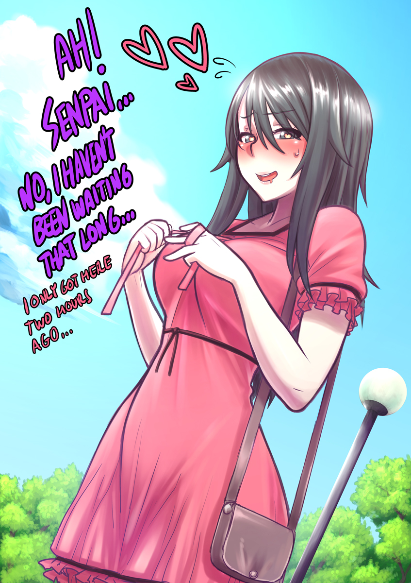 1girl alternate_costume ayano_aishi bag black_eyes black_hair blush dress english_text handbag heart heart-shaped_pupils highres kjech lamppost pink_dress symbol-shaped_pupils tree yandere_simulator