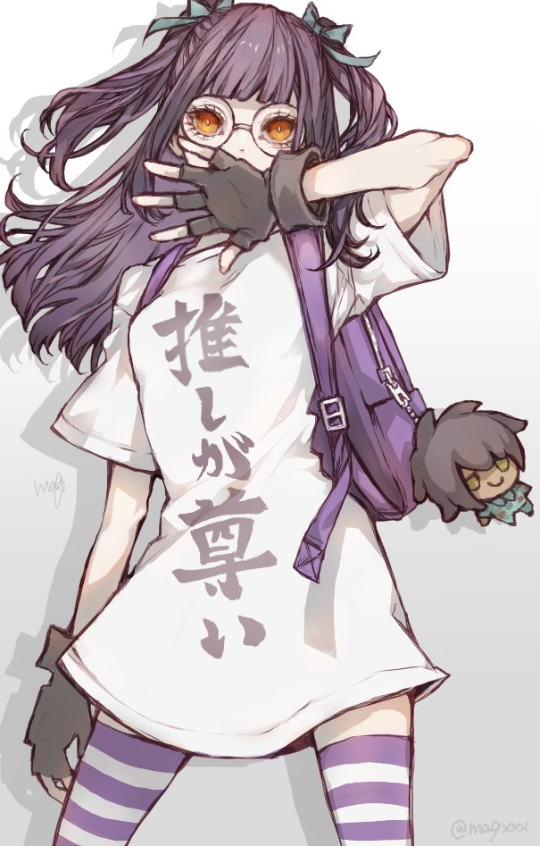 1girl backpack bag black_gloves blunt_bangs breasts clothes_writing covering_own_mouth eyelashes fingerless_gloves fumo_(doll) glasses gloves green_ribbon hand_over_own_mouth long_hair orange_eyes purple_hair ribbon round_eyewear shin_subarashiki_kono_sekai shirt short_sleeves small_breasts striped_clothes striped_thighhighs subarashiki_kono_sekai thighhighs twintails usui_nagi white_shirt