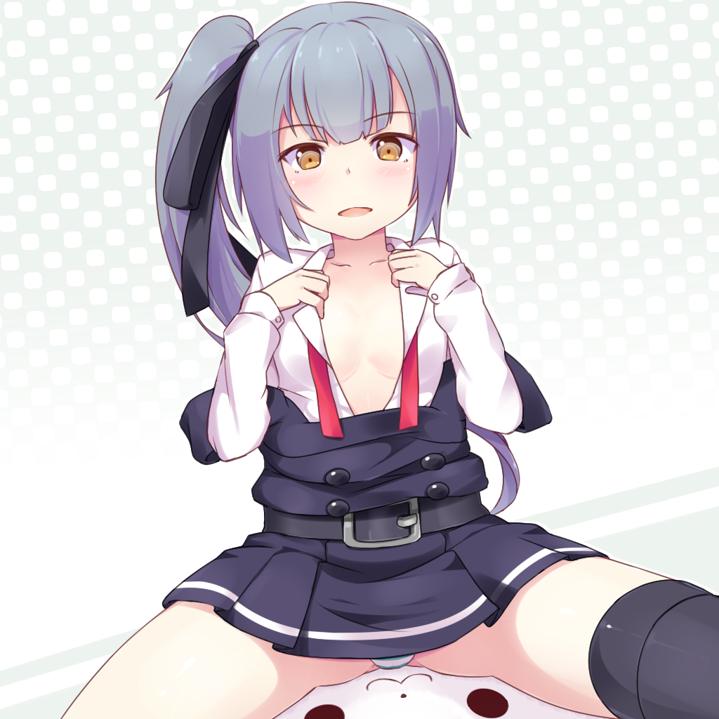 black_ribbon breasts cleavage hair_ribbon kantai_collection kasumi_(kancolle) legs_apart long_sleeves looking_at_viewer open_clothes pleated_skirt ribbon shirt side_ponytail skirt small_breasts thighs utouto white_shirt yellow_eyes