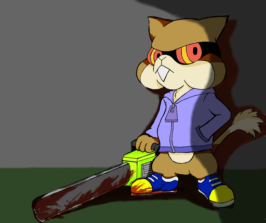 blood chainsaw conker conker&#039;s_bad_fur_day gen_5_pokemon hand_in_pocket multicolored_eyes nintendo no_humans parody patrat pokemon pokemon_(creature) pokemon_bw shadow solo sweater tamt watchog