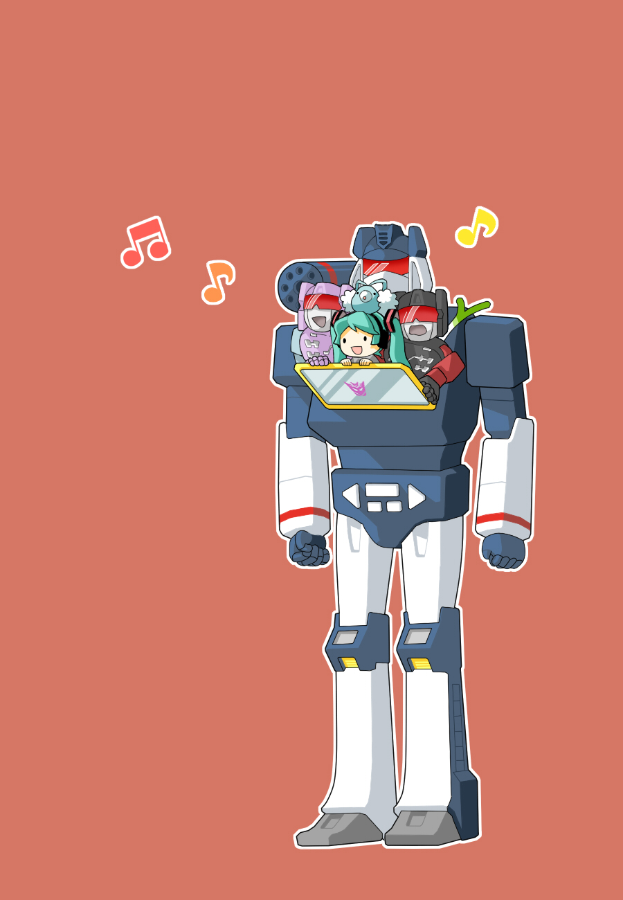 1girl crossover frenzy_(transformers) gen_3_pokemon hatsune_miku highres multiple_crossover music musical_note nintendo pokemon pokemon_(creature) rkp robot rumble_(transformers) simple_background singing soundwave_(transformers) spring_onion swablu trait_connection transformers transformers:_generation_1 vocaloid