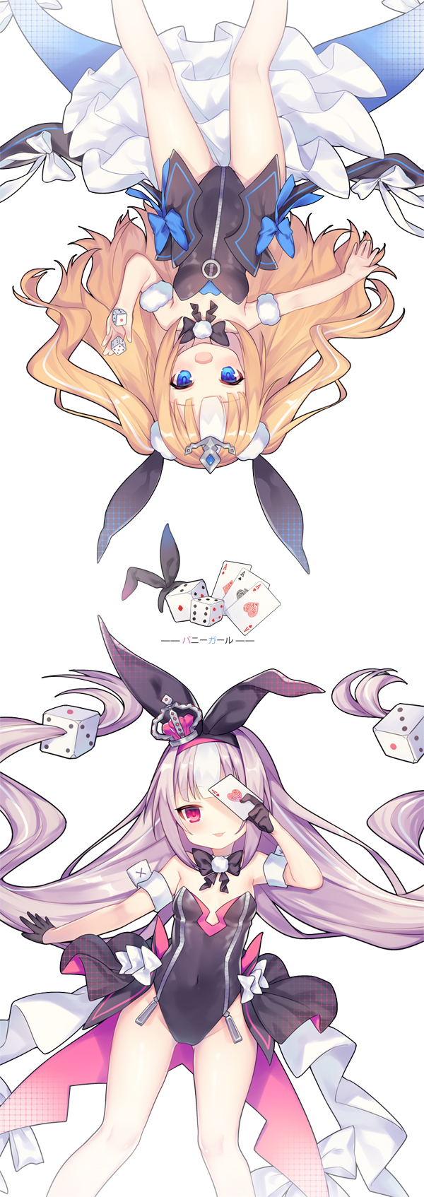 2girls :d ace_(playing_card) ace_of_hearts ao_jun azur_lane bare_shoulders black_bow black_gloves black_hairband black_leotard black_ribbon blonde_hair blue_eyes blush bow card commentary_request covered_navel crown dice dice_hair_ornament full-length_zipper gloves groin hair_ornament hair_ribbon hairband half_gloves heart highres hobby_(azur_lane) holding holding_card holding_dice kalk_(azur_lane) leotard long_hair looking_at_viewer mini_crown multicolored_hair multiple_girls one_eye_covered open_mouth outstretched_arm playing_card purple_hair red_eyes ribbon simple_background smile strapless strapless_leotard streaked_hair tiara tilted_headwear translation_request twintails two_side_up upside-down very_long_hair white_background white_hair zipper