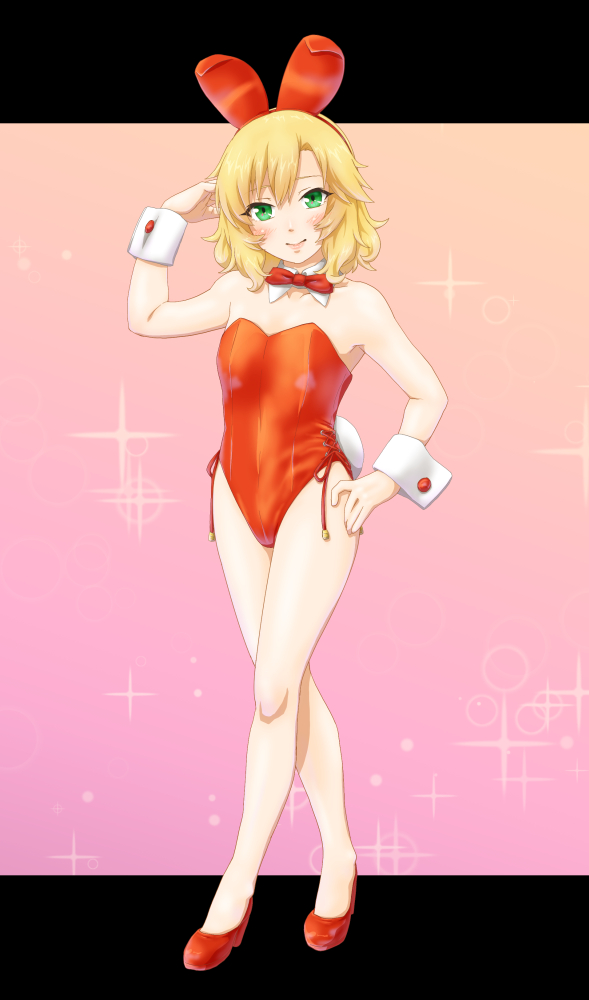 1girl animal_ear_hairband animal_ears bare_legs blonde_hair bow bowtie breasts detached_collar fake_animal_ears full_body gradient_background green_eyes hairband hand_on_own_hip high_heels idolmaster idolmaster_cinderella_girls leotard pink_background playboy_bunny rabbit_ears rabbit_tail red_bow red_bowtie red_leotard red_shoes sakurai_momoka shoes short_hair side-tie_leotard small_breasts solo sparkle_background standing strapless strapless_leotard tail wrist_cuffs zilver-01