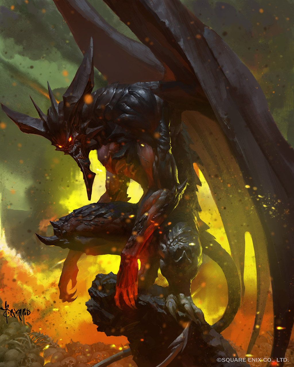 1boy bayard_wu bone colored_skin commentary copyright_notice demon demon_tail demon_wings diabolos elbow_spikes english_commentary fingernails glowing glowing_eyes highres horns knee_spikes mobius_final_fantasy official_art on_rock orange_eyes pile_of_skulls red_skin sharp_fingernails sharp_toenails signature solo squatting tail teeth toenails wings