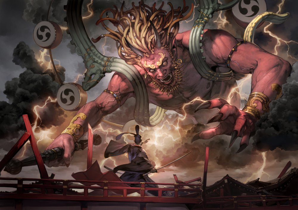 1boy 1other cloud commentary_request dark_clouds drum electricity fingernails holding holding_sword holding_weapon horns instrument japanese_clothes katana lightning lightning_bolt_symbol monster original raijin_(mythology) sharp_fingernails sharp_teeth sword taiko_drum takayama_toshiaki teeth weapon