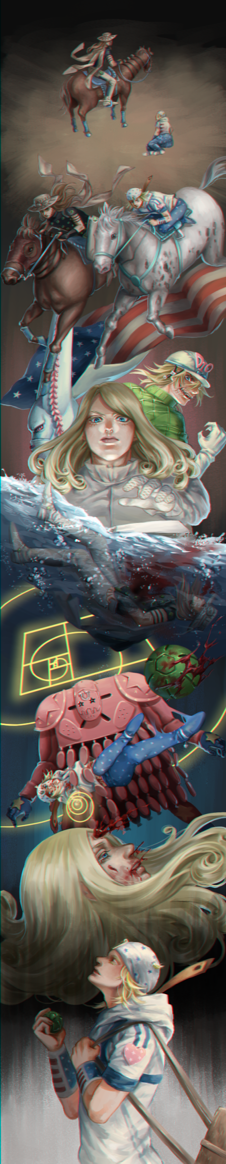 4boys american_flag bad_id bad_pixiv_id ball blood chomuun diego_brando flag funny_valentine golden_rectangle gyro_zeppeli highres horse johnny_joestar jojo_no_kimyou_na_bouken long_image male_focus multiple_boys multiple_persona stand_(jojo) steel_ball_run tall_image tusk_(stand) tusk_act4 underwater