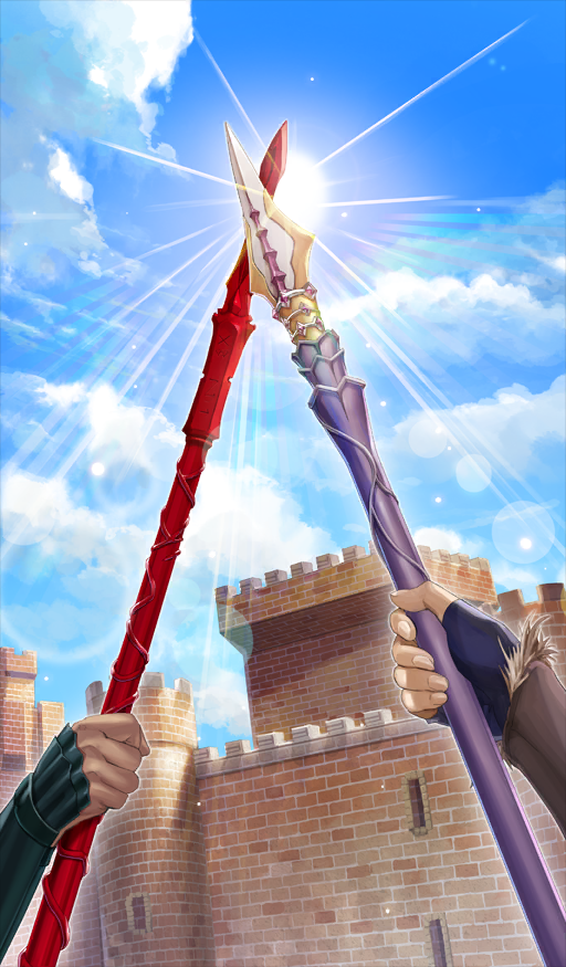 2boys blue_background blue_sky cloud cloudy_sky commentary day diarmuid_ua_duibhne_(fate) diarmuid_ua_duibhne_(lancer)_(fate) fate/grand_order fate_(series) fionn_mac_cumhaill_(fate/grand_order) gae_dearg_(fate) holding holding_polearm holding_weapon lasengle lens_flare light_rays mac_an_luin_(fate) multiple_boys official_art outdoors polearm sky spear sun third-party_source weapon weapon_focus