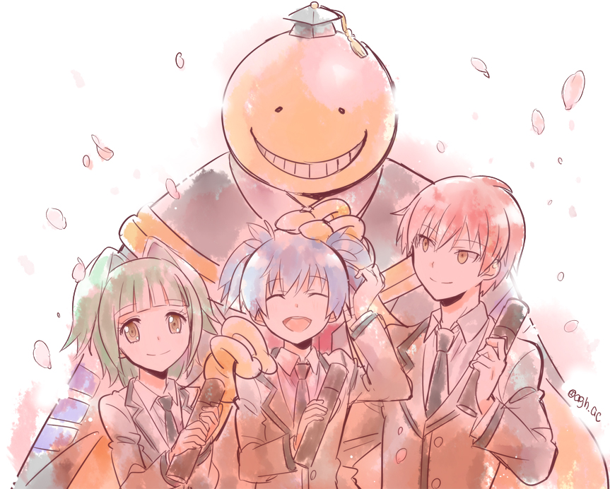 1girl 3boys ageha akabane_karma ansatsu_kyoushitsu artist_name black_necktie blue_hair blunt_bangs falling_petals green_hair grey_jacket hair_intakes hat jacket kayano_kaede koro-sensei kunugigaoka_middle_school_uniform mortarboard multiple_boys necktie open_mouth petals red_hair school_uniform shiota_nagisa shirt short_hair short_twintails simple_background smile twintails white_background white_shirt yellow_eyes