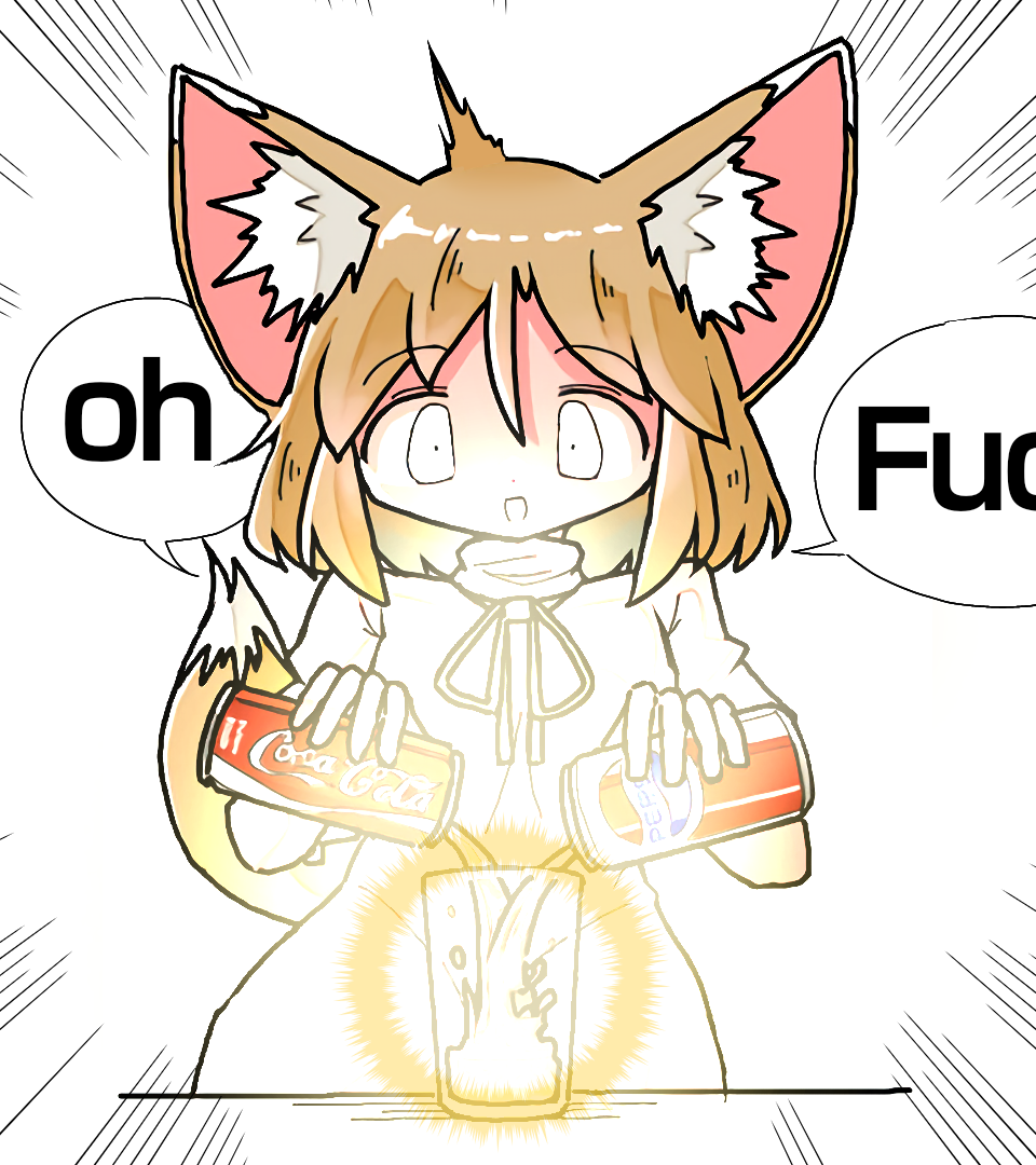 1girl animal_ears blank_eyes blonde_hair coca-cola cup drinking_glass emphasis_lines english_text fox_ears fox_tail glowing green_ribbon kasuya_baian kudamaki_tsukasa large_ears mixing pepsi profanity ribbon romper short_hair tail touhou wide_hips