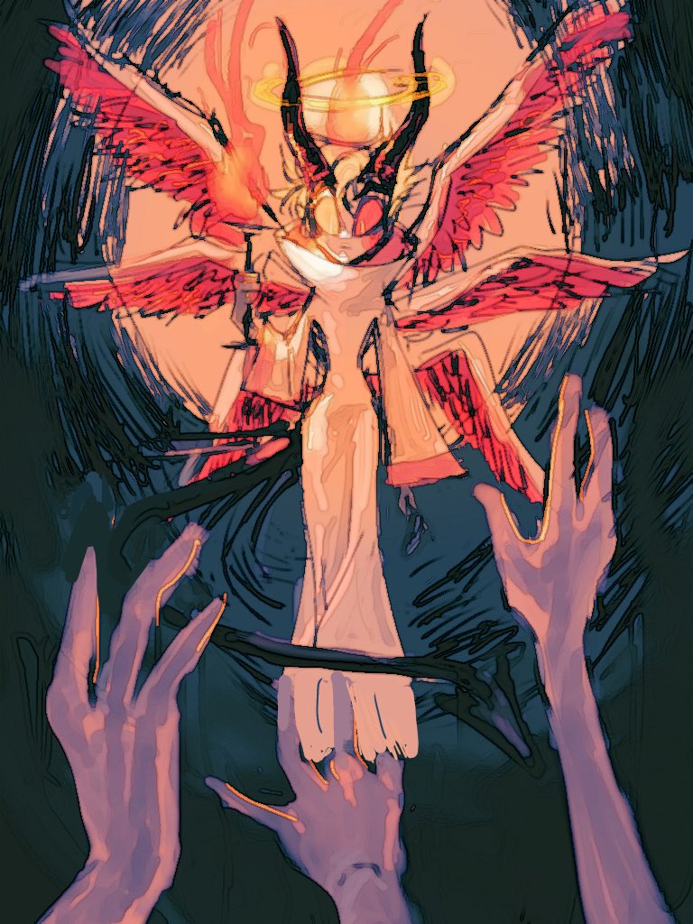 1boy demon demon_boy demon_horns demon_tail fanfunax fire hazbin_hotel horns lucifer_morningstar_(hazbin_hotel) multiple_wings robe slit_pupils solo tail white_robe wings