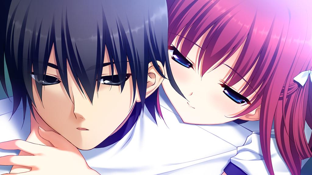 1boy 1girl arms_around_neck black_hair blue_eyes bow closed_mouth fumio_(ura_fmo) game_cg grey_eyes grisaia_(series) grisaia_no_kajitsu gym_shirt hair_between_eyes hair_bow head_on_another&#039;s_shoulder hug kazami_yuuji long_hair looking_at_another non-web_source open_mouth portrait red_hair shirt short_hair short_sleeves smile suou_amane white_bow white_shirt