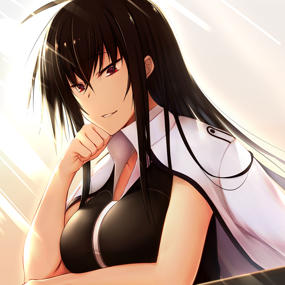 1girl black_hair black_shirt female_focus floating_hair grin hair_between_eyes head_rest ikki_(tue_sein_bestes) jacket jacket_on_shoulders kawakami_momoyo long_hair maji_de_watashi_ni_koi_shinasai! red_eyes shirt sleeveless sleeveless_shirt smile solo straight_hair upper_body very_long_hair white_jacket