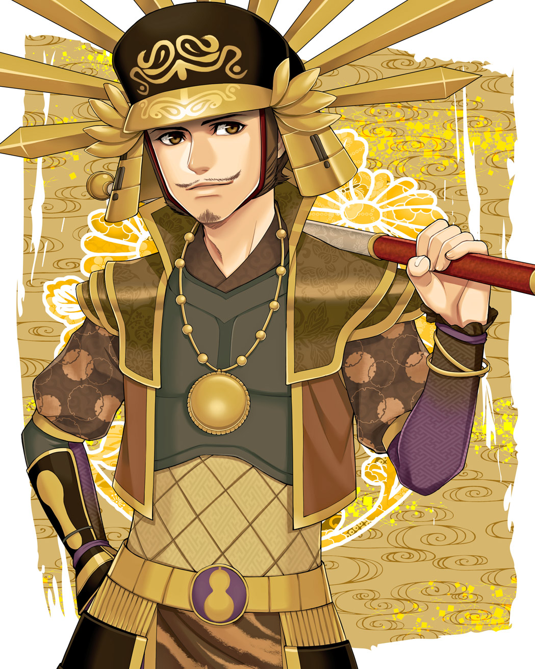 1boy armor black_hair border brown_eyes eyelashes facial_hair gauntlets goatee hazuki_jun helmet highres holding holding_weapon japanese_armor jewelry kabuto_(helmet) long_sleeves looking_at_viewer male_focus mustache necklace sengoku_musou short_hair solo toyotomi_hideyoshi_(sengoku_musou) weapon white_border