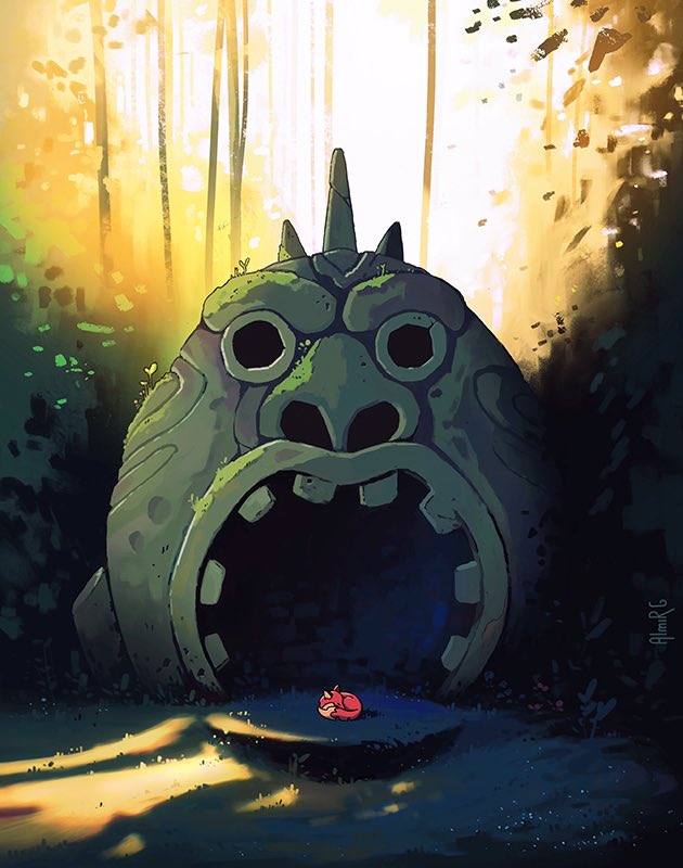 almirgusic animal architecture artist_name building cave_mouth curled_up dappled_sunlight fantasy forest fox grass nature original plant signature sleeping sunlight tree tribal wide_shot