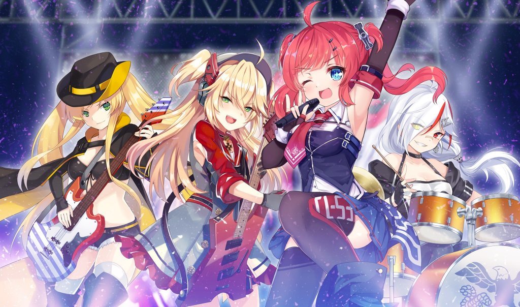 4girls admiral_hipper_(azur_lane) ahoge arm_up armpits azur_lane bandaid bandaid_on_face bandaid_on_nose bare_shoulders black_legwear blonde_hair blue_eyes blush breasts cape choker cleavage collarbone cowboy_hat cross detached_sleeves downes_(azur_lane) downes_(retrofit)_(azur_lane) drum drum_set drumsticks electric_guitar fingerless_gloves gloves green_eyes grin guitar hair_between_eyes hair_ornament hairclip hat headgear heterochromia holding holding_drumsticks holding_instrument holding_microphone hornet_(azur_lane) instrument iron_cross jewelry large_breasts long_hair looking_at_viewer low_ponytail microphone mole mole_under_eye multicolored_hair multiple_girls navel necktie off_shoulder official_art one_eye_closed open_mouth ponytail red_eyes red_hair san_diego_(azur_lane) san_diego_(retrofit)_(azur_lane) shorts skirt smile thighhighs twintails two-tone_gloves two_side_up very_long_hair white_hair yellow_eyes