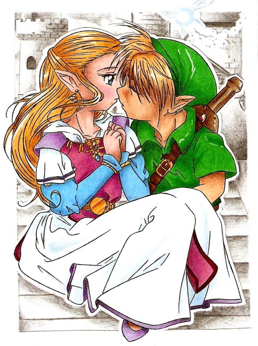 1boy 1girl belt belt_buckle blacklulu blonde_hair blue_eyes blue_sleeves border brown_belt buckle child closed_mouth commentary dress earrings green_hat green_tunic hat hetero imminent_kiss jewelry juliet_sleeves kodomo_doushi kokiri_sword link long_dress long_hair long_sleeves nintendo no_headwear outline outside_border own_hands_together pink_dress pointy_ears princess_zelda puffy_sleeves purple_footwear short_sleeves shoulder_belt sword sword_on_back the_legend_of_zelda the_legend_of_zelda:_ocarina_of_time tunic two-tone_dress weapon weapon_on_back white_border white_dress white_outline young_link young_zelda