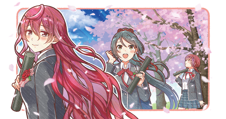 3girls black_hair black_jacket blazer border braid braided_ponytail cherry_blossoms cinderella_series closed_mouth cloud collared_shirt diploma falling_petals floating_hair graduation green_eyes grey_skirt hachigatsu_no_cinderella_nine hair_between_eyes hair_ornament hair_ribbon hairclip hanako_(akatsuki) high_ponytail holding holding_diploma honjo_chikage jacket kurashiki_maiko long_hair long_sleeves looking_at_viewer looking_up multiple_girls neck_ribbon non-web_source official_art open_clothes open_jacket open_mouth outdoors outside_border petals pink_petals plaid_clothes plaid_skirt pleated_skirt ponytail purple_eyes purple_hair red_eyes red_hair red_ribbon ribbon satogahama_school_uniform school_uniform shirt single_braid skirt sky smile standing teeth tsukahara_shizuku tube upper_teeth_only white_border white_shirt winter_uniform