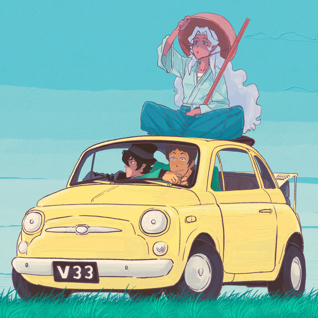 1girl 2boys arsene_lupin_iii arsene_lupin_iii_(cosplay) blue_hakama blue_sky car castle_of_cagliostro cosplay dark_skin formal_clothes green_jacket hakama hakama_skirt hyakujuu-ou_golion ishikawa_goemon_xiii ishikawa_goemon_xiii_(cosplay) jacket japanese_clothes jigen_daisuke jigen_daisuke_(cosplay) keith_(voltron) lance_(voltron) lupin_iii motor_vehicle multiple_boys parody princess_allura sanpaku sideburns sitting skirt sky smile steve_ahn suit