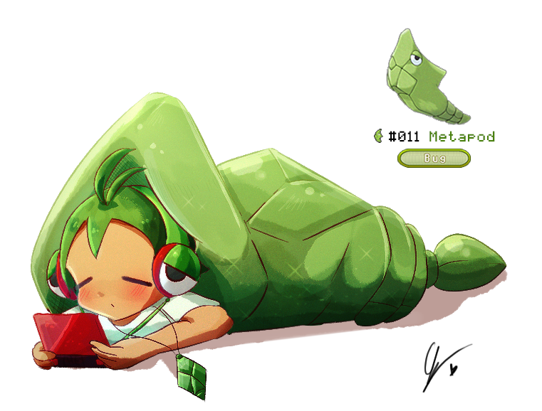 1boy antenna_hair blush closed_eyes endifi gen_1_pokemon green_hair handheld_game_console headphones holding holding_handheld_game_console jewelry male_focus metapod necklace nintendo nintendo_ds personification pokemon pokemon_(creature) reference_inset shirt short_hair signature simple_background sleeping_bag white_background white_shirt