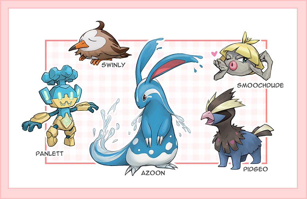 azumarill bird border character_name claws closed_eyes closed_mouth commentary deino_(pokemon) framed fusion gen_1_pokemon gen_2_pokemon gen_3_pokemon gen_4_pokemon gen_5_pokemon geodude golett heart kazuko_(towa) linoone nintendo no_humans panpour pidgey pink_border pokemon pokemon_(creature) smoochum starly swinub water