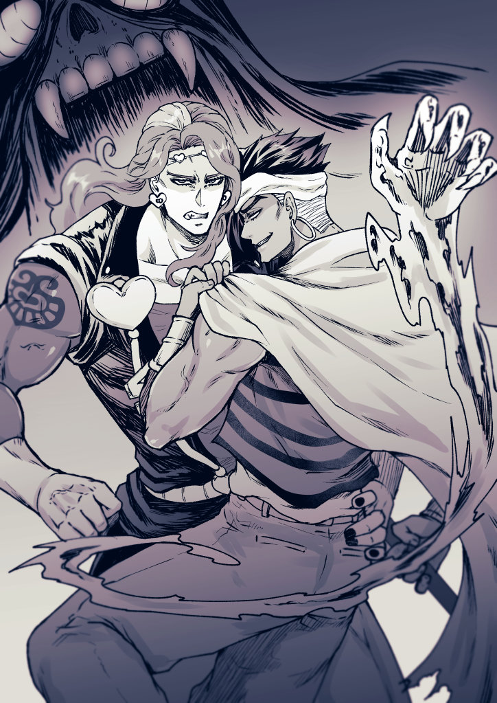 3boys ass_grab bad_id bad_pixiv_id black_nails blind cane cape claws cream_(stand) earrings geb_(stand) giga_omega headband hoop_earrings hydrokinesis jewelry jojo_no_kimyou_na_bouken leotard long_hair male_focus monochrome multiple_boys n&#039;doul nail_polish stand_(jojo) stardust_crusaders vanilla_ice water