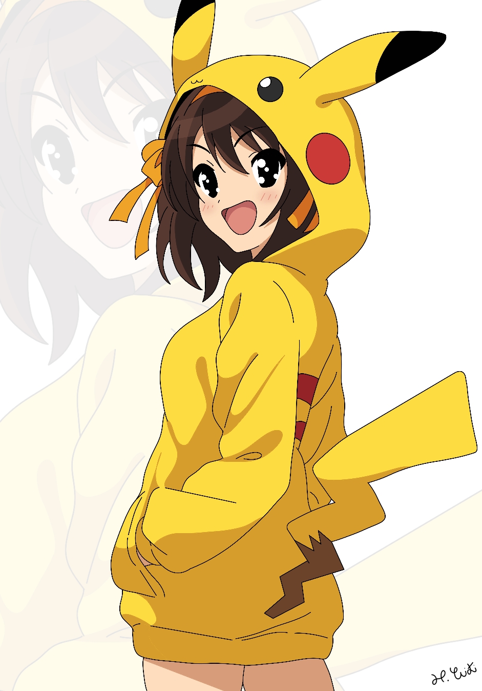 1girl :d alternate_costume animal_ears black_eyes blush commentary cosplay english_commentary game_freak gen_1_pokemon hand_in_pocket happy highres hood hood_up hoodie long_sleeves looking_to_the_side nintendo open_mouth pikachu pikachu_(cosplay) pikachu_ears pikachu_tail pokemon pokemon_tail smile solo suzumiya_haruhi suzumiya_haruhi_no_yuuutsu tail tongue white_background yellow_hoodie yuiyu_ki zoom_layer