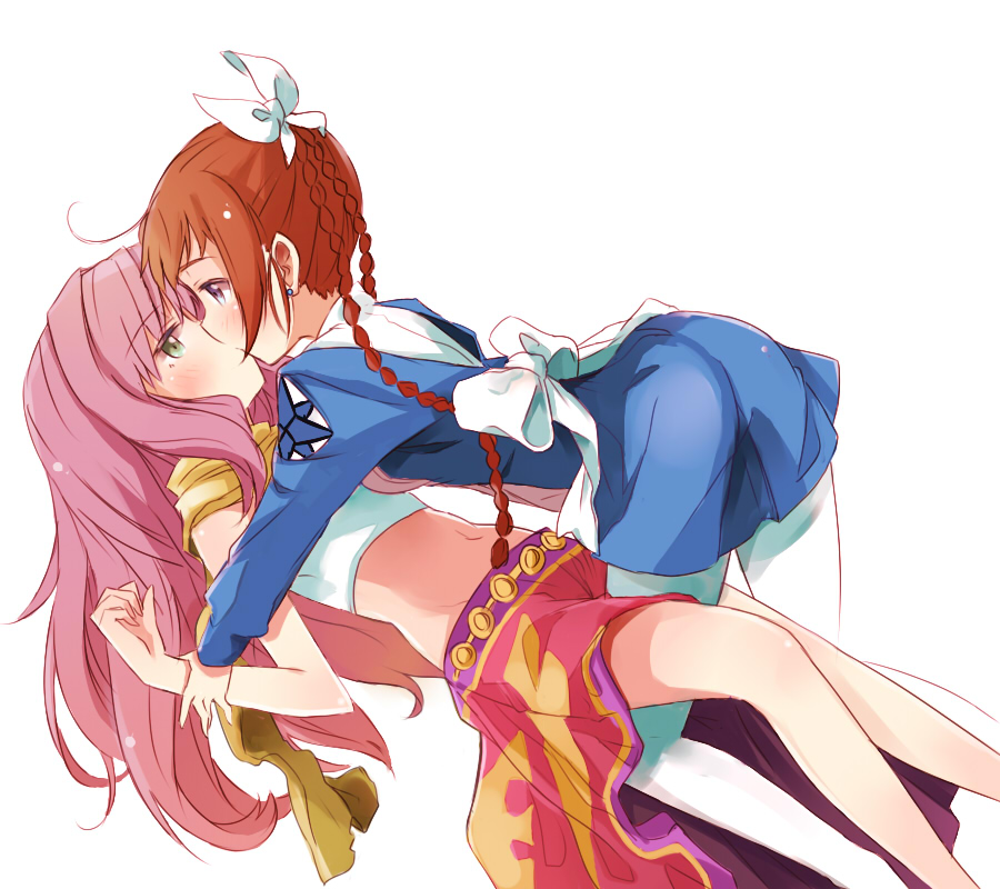 00s 2girls ahoge arika_yumemiya blush braid brown_hair couple female_focus holding_another&#039;s_wrist kiss leg_between_thighs long_hair maromi_(am97) mashiro_blan_de_windbloom meister_otome_uniform midriff multiple_girls my-hime my-otome pantyhose pink_hair skirt sunrise_(company) twin_braids white_background white_legwear yuri